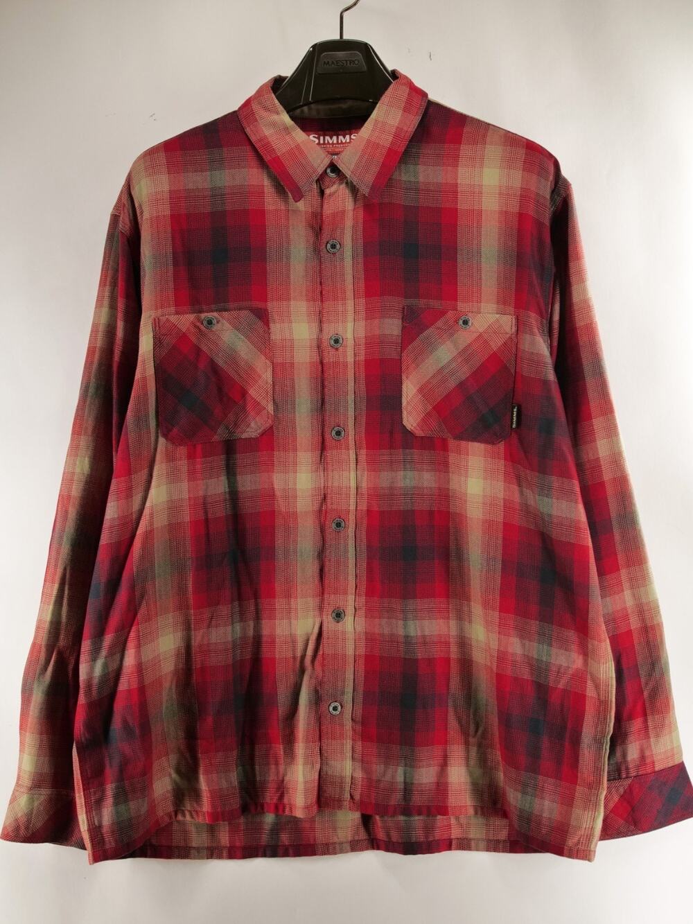 Simms Fishing Shirt Mens XL Red Brown Plaid Long Sleeve Polyester Tencel Blend